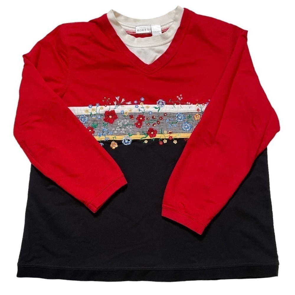 Vintage granny floral embroidered accent long sleeve top XL